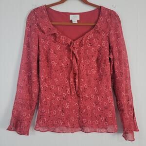 Vintage Silk Floral Ruffle Neck Top sz MP Rose 90s Fairy Cottagecore Y2K Office